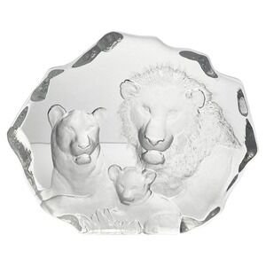 Mats Jonasson “Lion & Family” Crystal Swedish Paperweight Sculpture 8.5” Signed